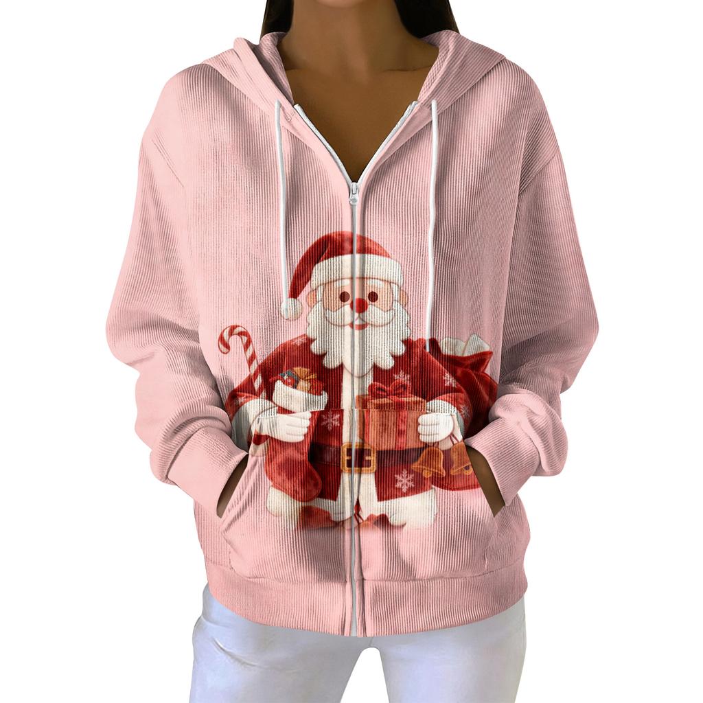 Dámská ležérní módní pletená mikina s kapucí na zip s dlouhým rukávem a vánočním potiskem