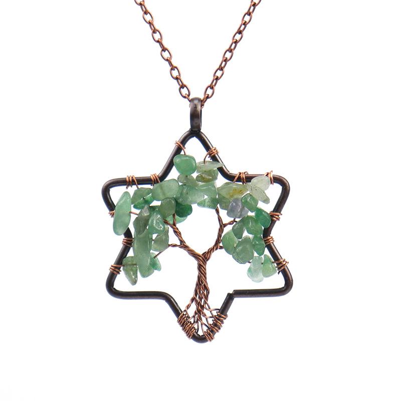 Handmade Wire Wrapped Six-Pointed Star Tree of Life Necklace with Natural Crushed Stone Crystal Beads