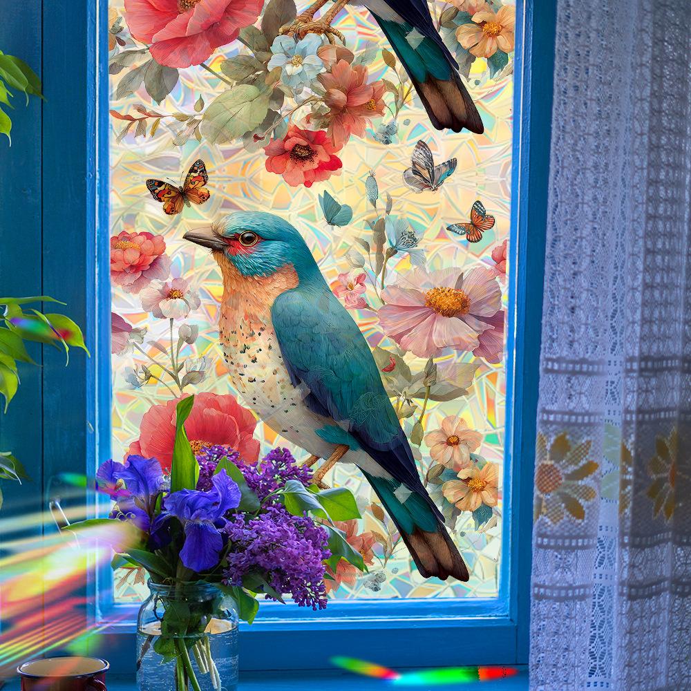 Electrostatic Window Decals Featuring Birds Nestling Amongst Laser-cut Floral Clusters for Home Décor