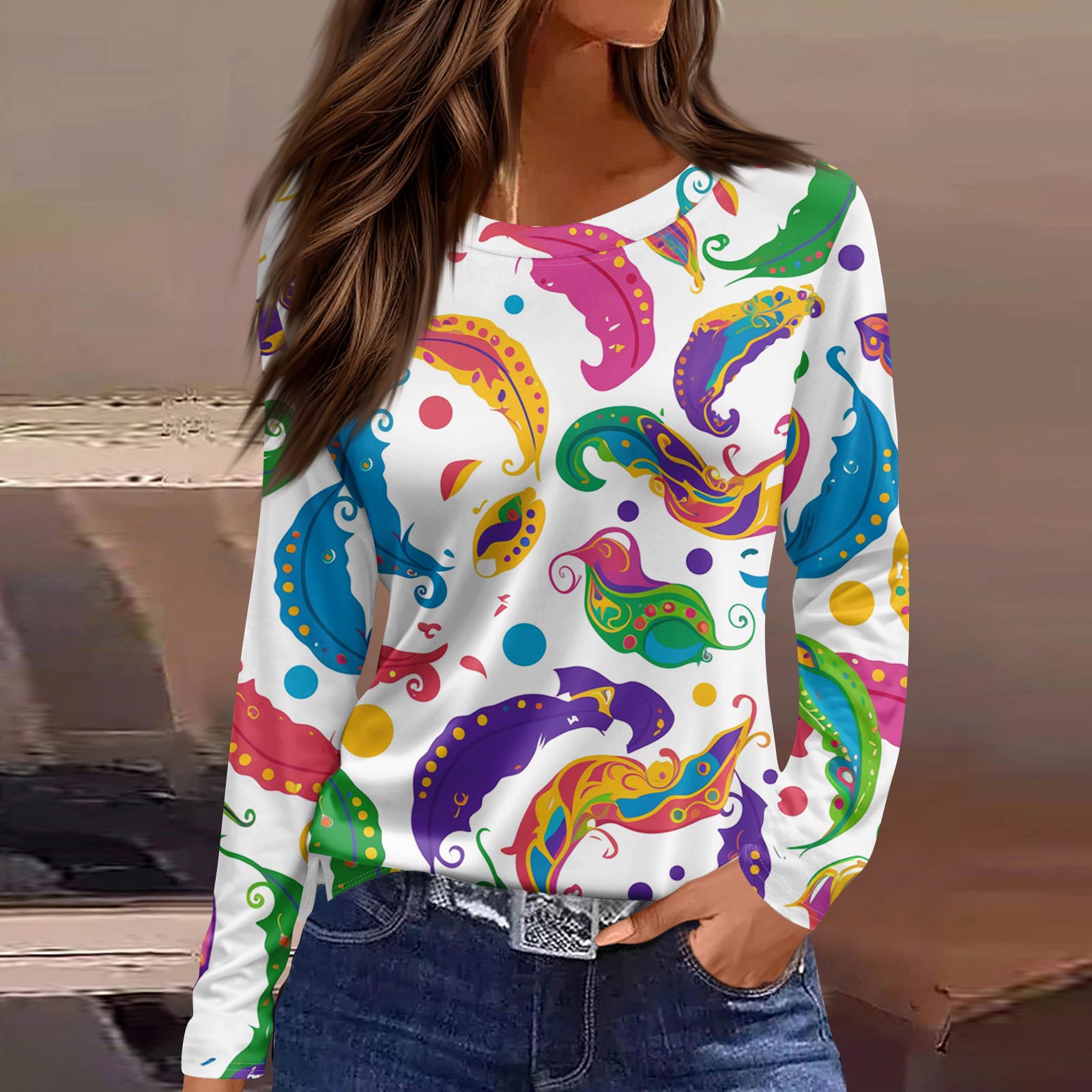

Женская модная повседневная футболка с длинным рукавом, разрезом по подолу и принтом в карнавальном стиле XL