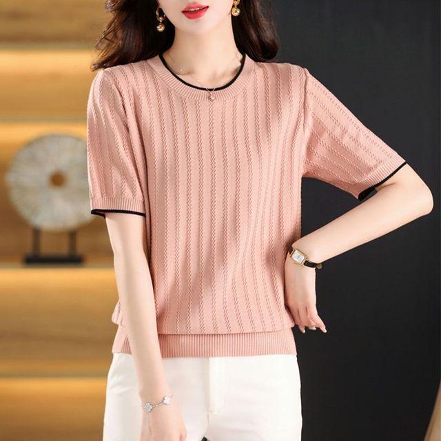 Ledový hedvábný pletený svetr Dámské tričko s krátkým rukávem Léto Nové Volný Tenký Všestranný vlnitý pletený Top S-5XL