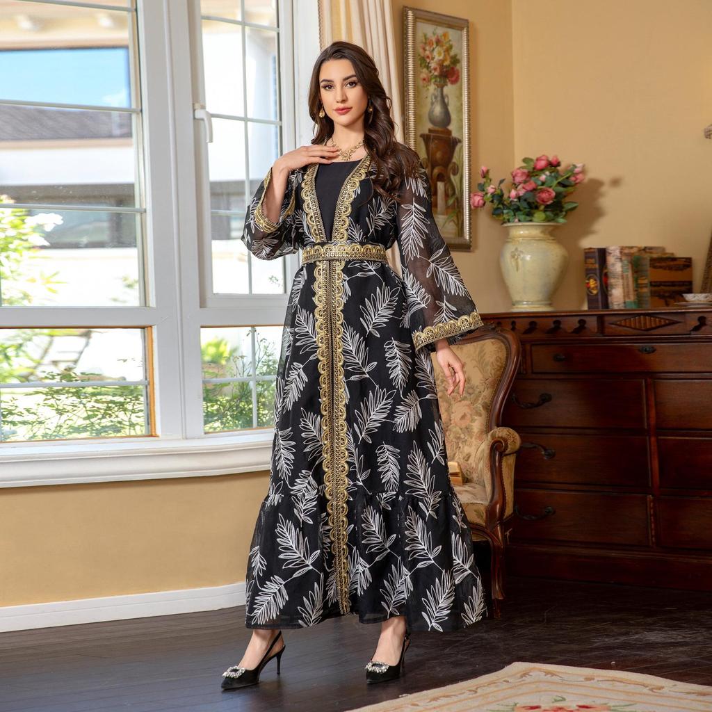 AB363 Dubai Eid al-Adha Mesh Embroidery Patchwork Muslim Two-Piece Set