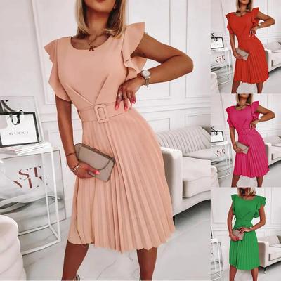 European Fitted Waist Ruffled Flounce Belted Dress