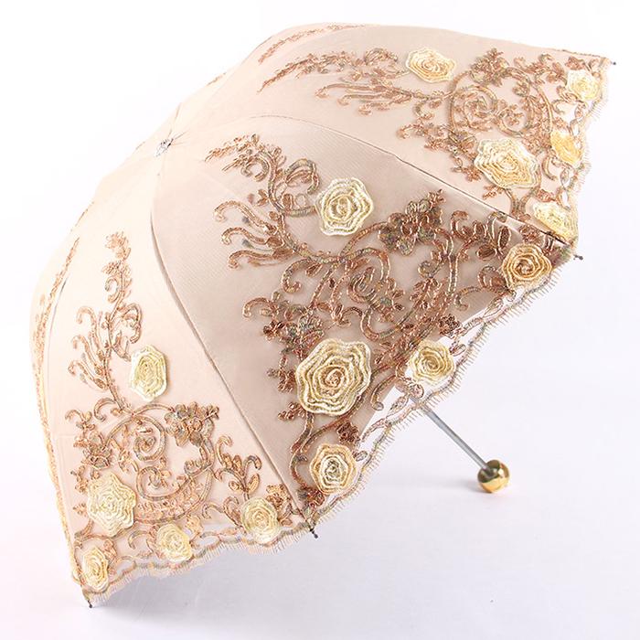 Lace Embroidery Sun & Rain Dual-Use UV Protection Folding Parasol Umbrella