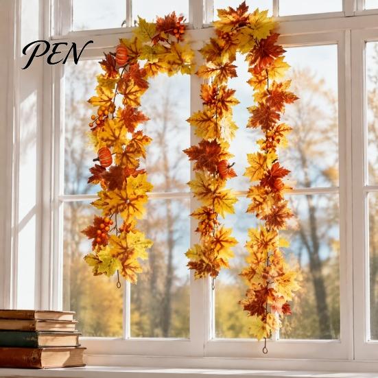 Realistic Orange Red Maple Leaves Artificial Fall Leaf Wreath, Autumn Vine with Pine Cones Pumpkins, Reusable Holiday Gifts for Family Hanging