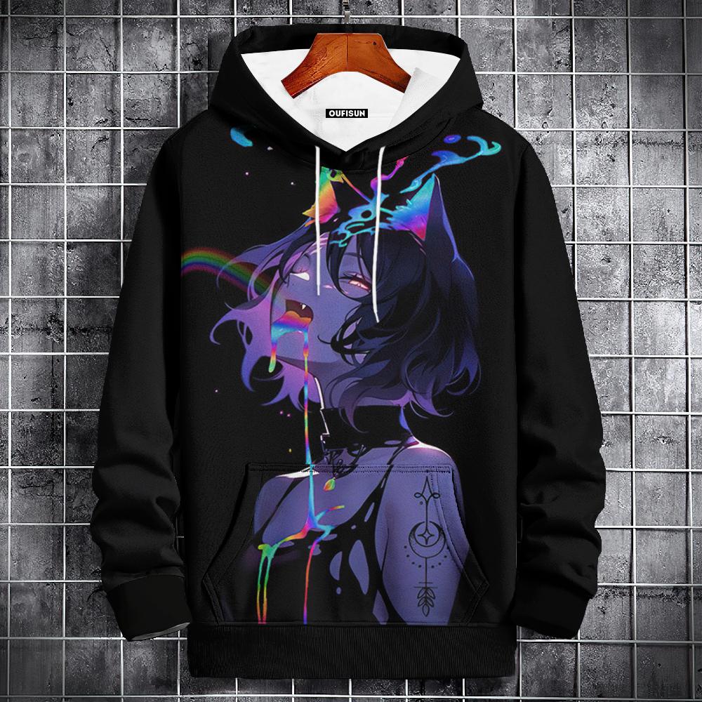 Ladies' Christmas dwarf print hoodie - Casual pullover hoodie, long sleeve, 100% polyester knitted fabric