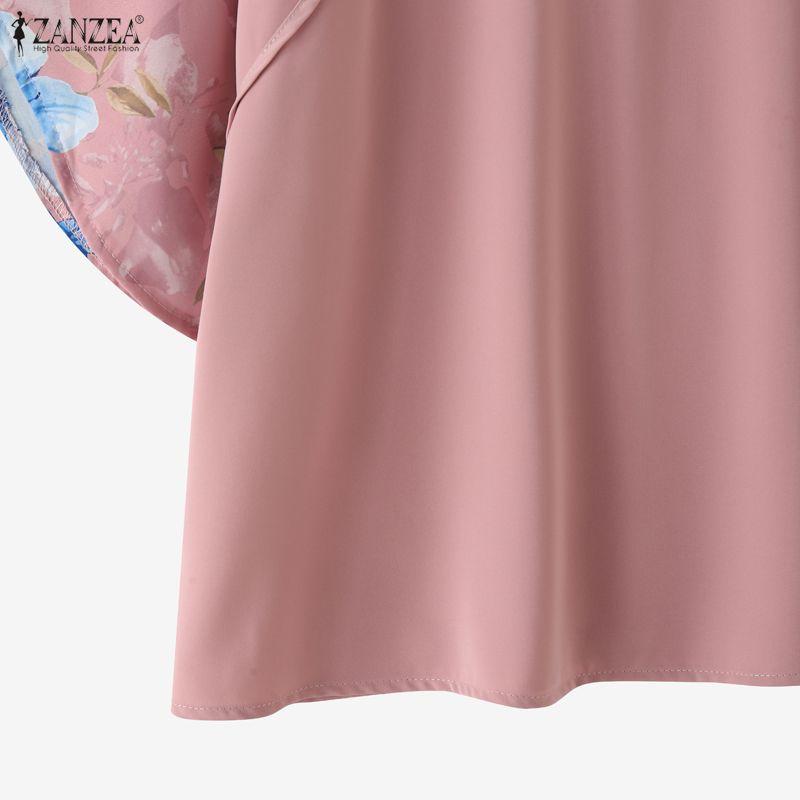 ZANZEA Women Casual Round Neck Floral Print Splice Half Sleeve Blouse