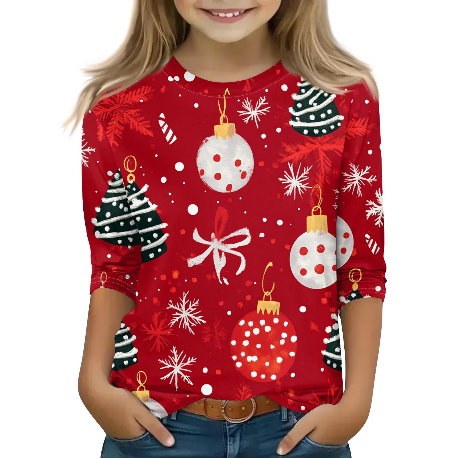 

Рождественские топы с принтом для девочек-подростков 5-16 лет, футболки с круглым вырезом и рукавами 3/4, модные топы, нарядные футболки 130