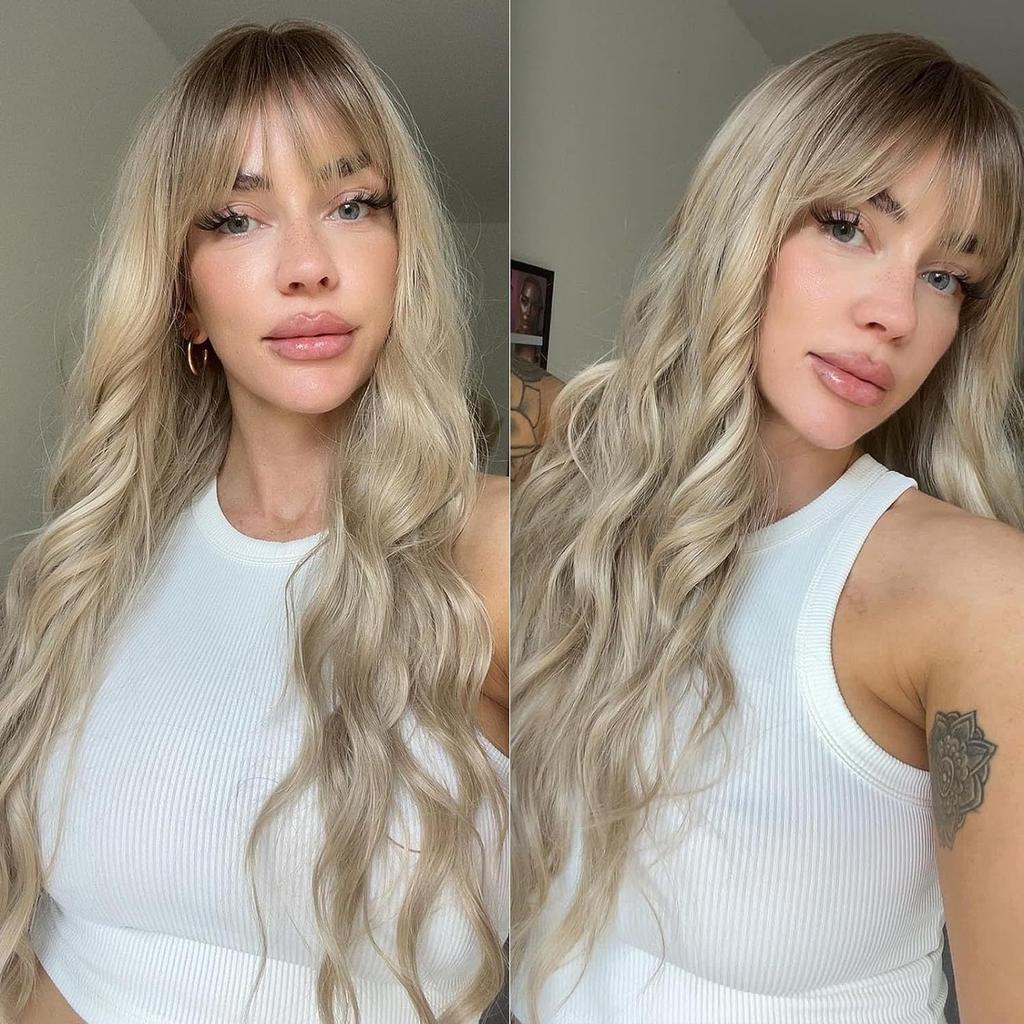 Cross-Border Water Wave Wigs European American Women's Fashionable Synthetic Hair Wig Brown Gradient Color Bangs Long Curly Hair