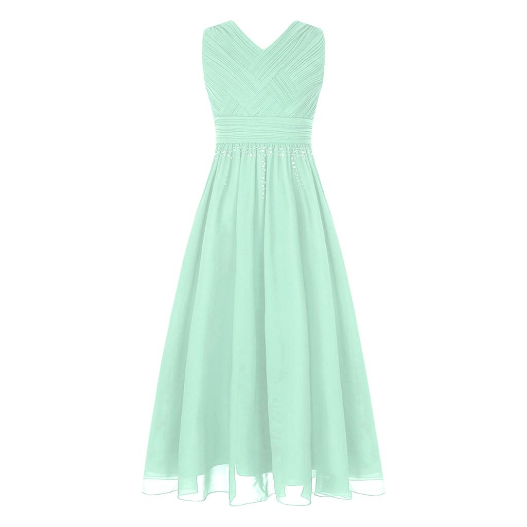 Glänzendes gerafftes verwobenes Chiffon-Kleid für Mädchen V-Ausschnitt ärmelloses Design Blumenmädchen langes Kleid Hochzeitsfeier Kleid