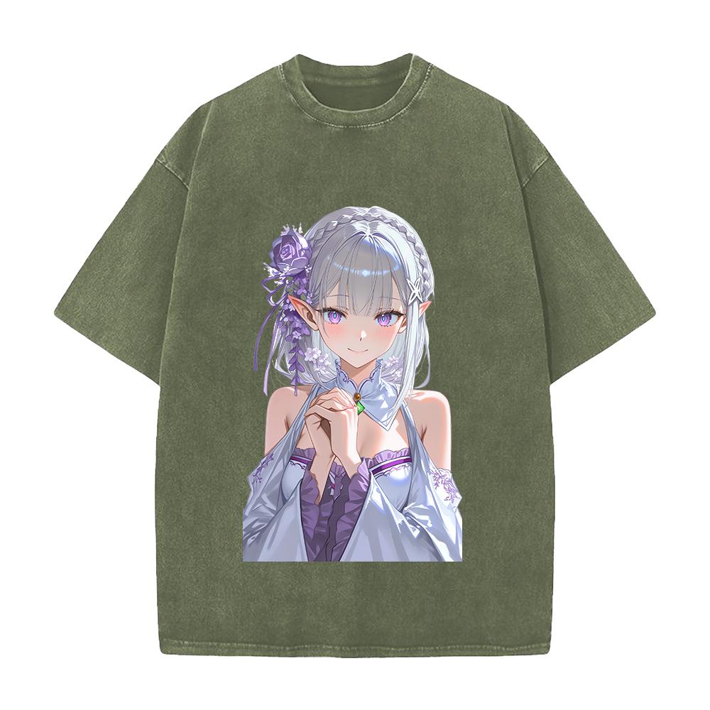 Re ZERO Starting Life In Another World Emilia Printed Tee Men Women Washed Cotton T-shirts Retro T Shirt Harajuku Unisex Tshirt