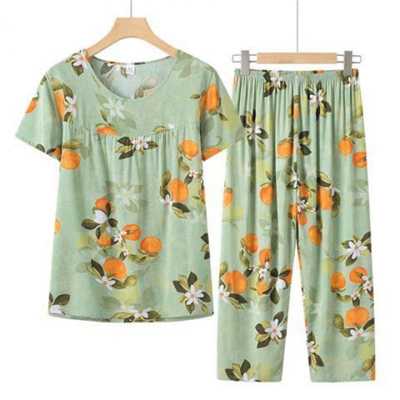 

GMXIA Loose T-shirt, Summer Wear, Short-sleeved Large-sized Clothes, Middle-aged Suit, Cotton and Silk Two-piece Set Pajama Sets XXXXL