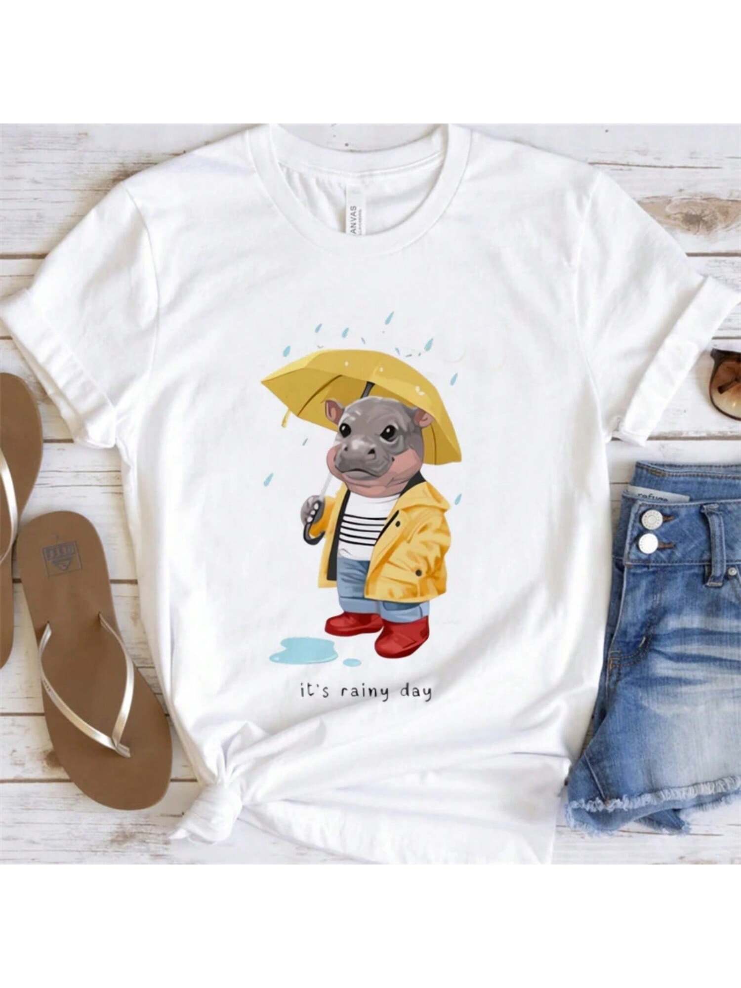 T-Shirt Fashion Printed Pattern It s Rainy Day Bear With Umbrella Printed Wounisex s Summer Cute Regular Cartoon Sleeve Basic Top S разноцветный