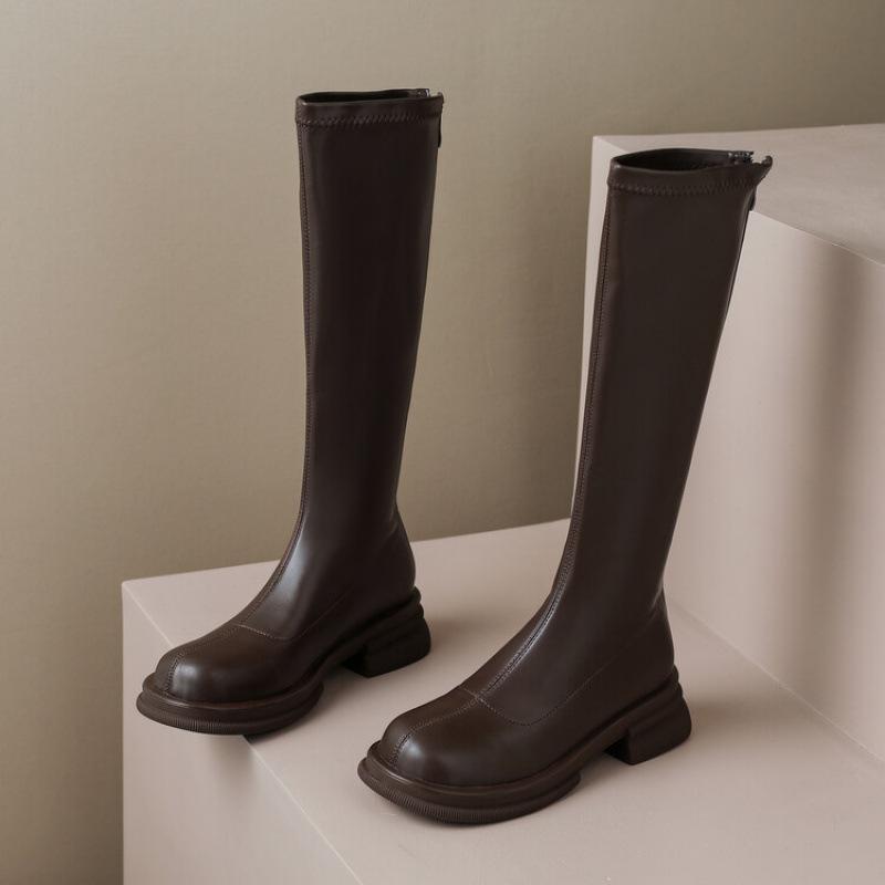 Autumn and Winter Solid Color Round Head High Boots Women's Medium Heel Large Size Women's Shoes Platform Non-slip Martin Boots Square Heel Comfortabl