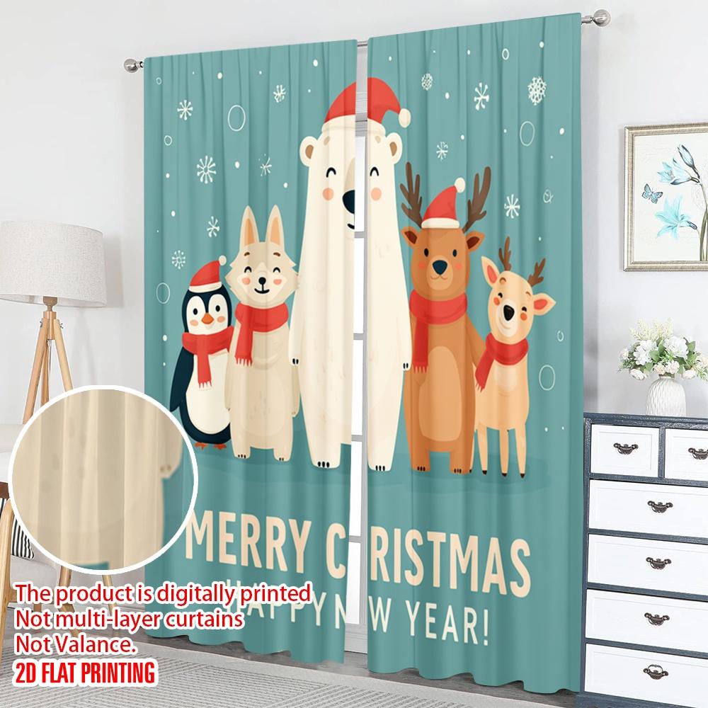 2pcs 2D flat printing Merry Christmas Curtains Cute Christmas Animals Merry New Year Digital Printed Polyester Drapes Party
