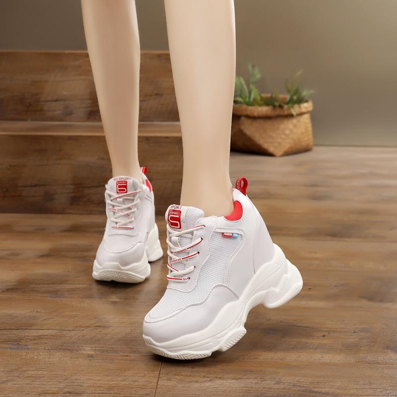 

Модные новые женские кроссовки на танкетке с сетчатой кожей, 9 см, высокий каблук, летняя повседневная обувь, увеличивающая рост, женская обувь для активного отдыха, белые туфли 39 красный