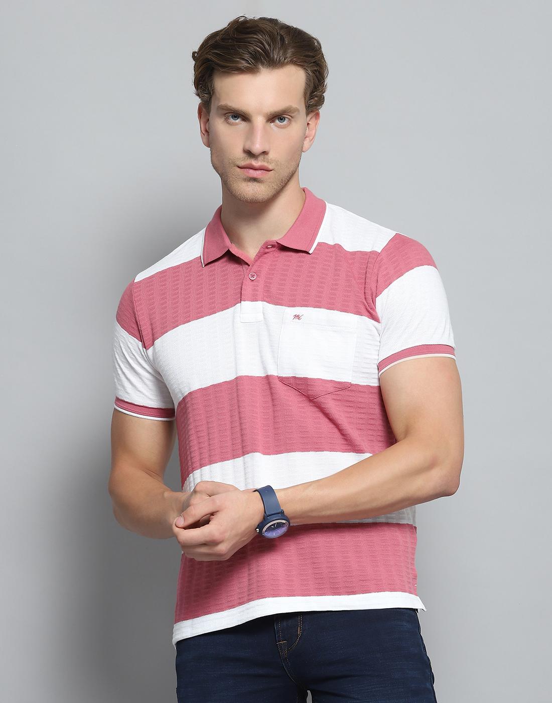 

Monte Carlo Mens Striped Pink Collar Neck Half Sleeve T-Shirt 2XL розовый