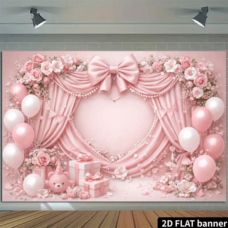 2D Printed Backdrop with Pink Curtains, Large Bow, Flowers, Balloons and Teddy Bear