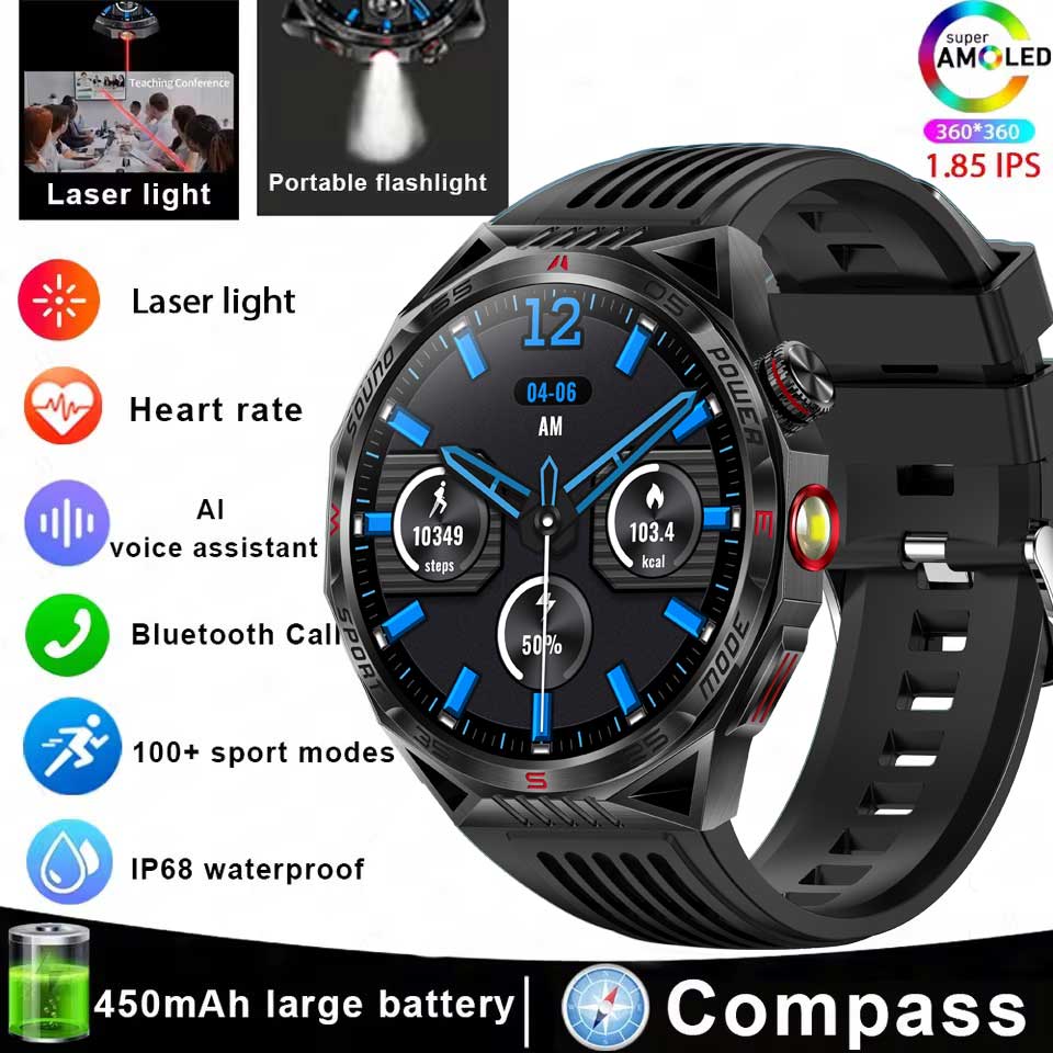 Outdoor Sport Compass Smartwatch Men Flashlight Laser Light 450mAh Battery GPS Sport Track Waterproof Bluetooth Call Smart Watch