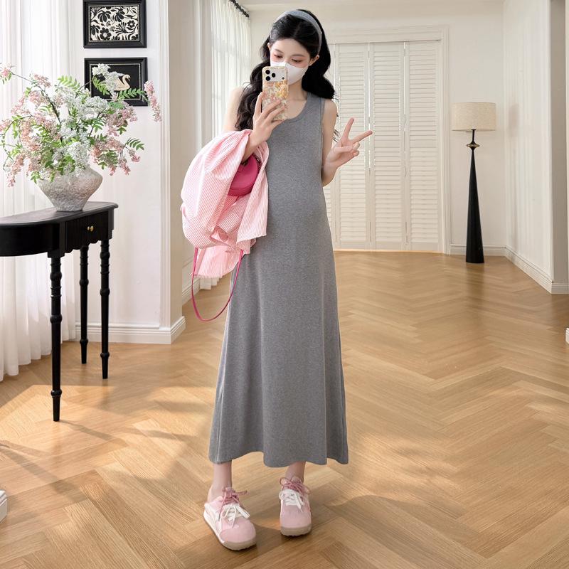 Maternity Striped Shirt & Gray Vest Dress Two-Piece Set M