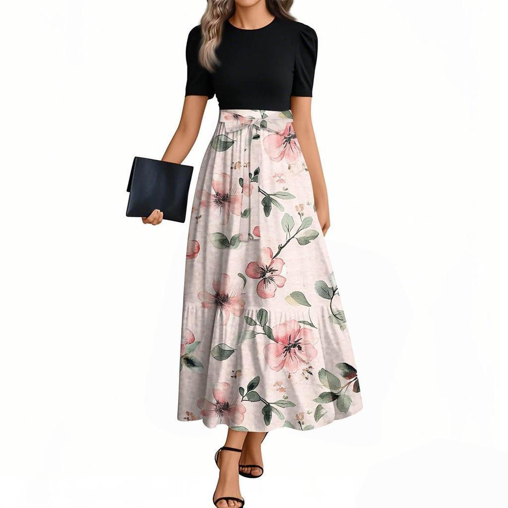 Women's Floral Print High Waist Fashionable And Elegant Dress