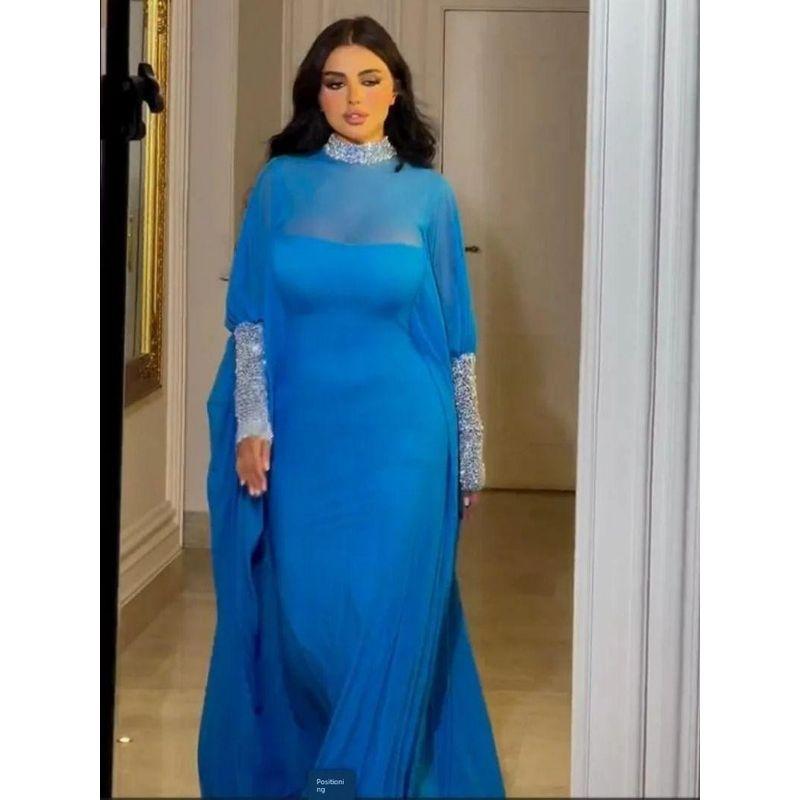 

European and American Temperament Sexy Cape Sequin Banquet Evening dress Two-piece Set Blue S