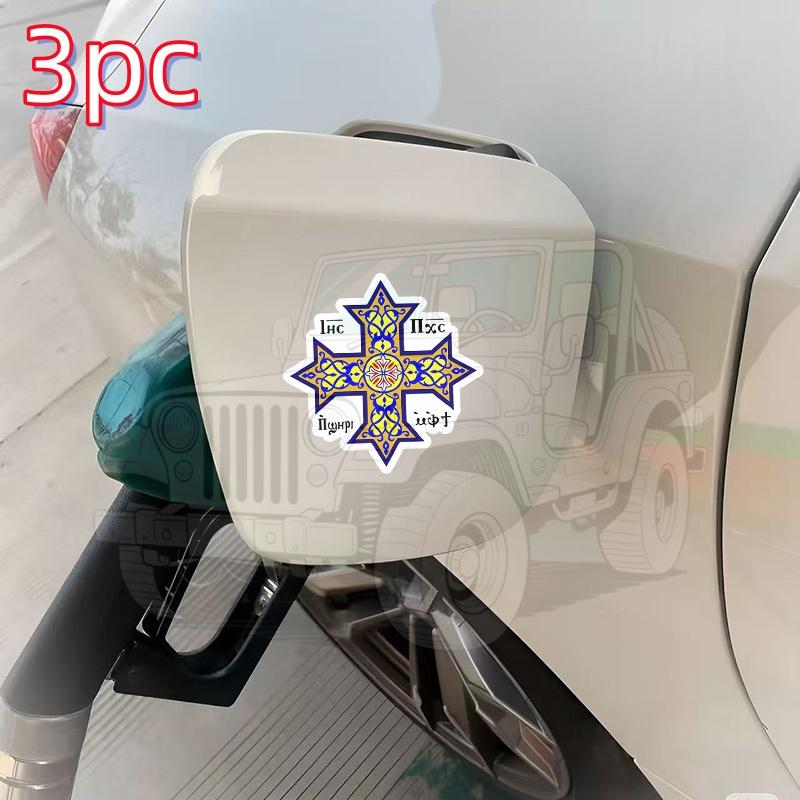 3pcs Coptic Orthodox Cross Featuring Text on a Blue Vinyl Bumper Sticker Suitable for Cars, Vans, Suvs, Walls, Boats, Tumblers, Laptops,