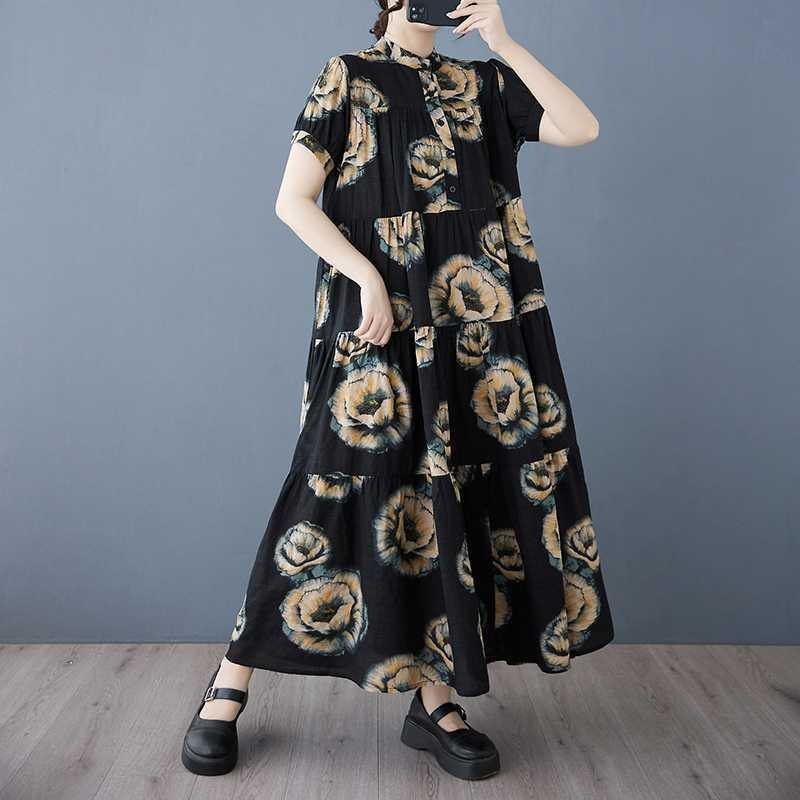 2025 Summer New Women Loose Big Size Fashion Printing Slim Long Dresses