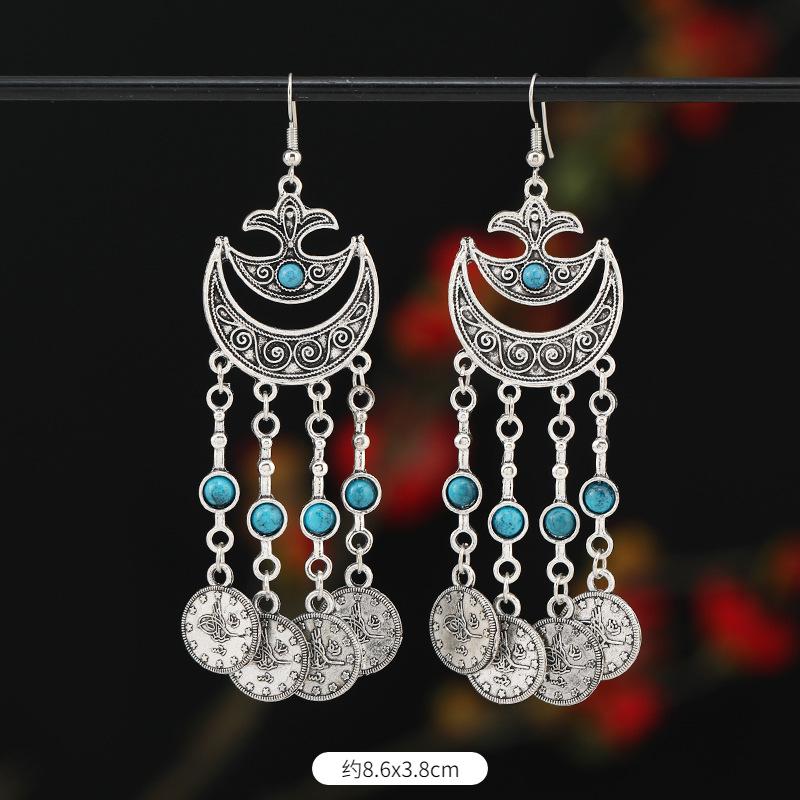 Retro Exotic Ancient Silver Coins Tassel Earrings Women's Long Personalized Earrings Niche Earrings