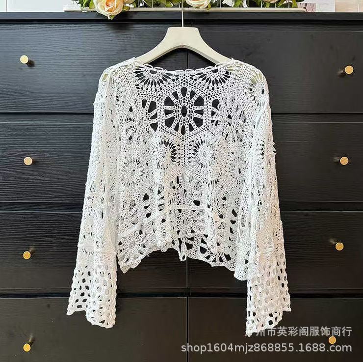 Summer Thin Knitted Sweater Women's Embroidered Hollow Long-sleeved Beach Clothes Women's Top Lace-up Jacket Versatile