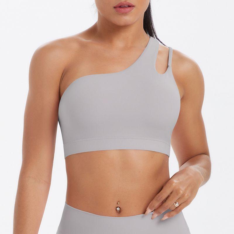 

Foreign Trade Amoi Patchwork Double-sided Nylon Sanding One Shoulder Beauty Back Sports Underwear Running Fitness Yoga Clothes Vest Women 7114 one shoulder bra-cream Gray XL