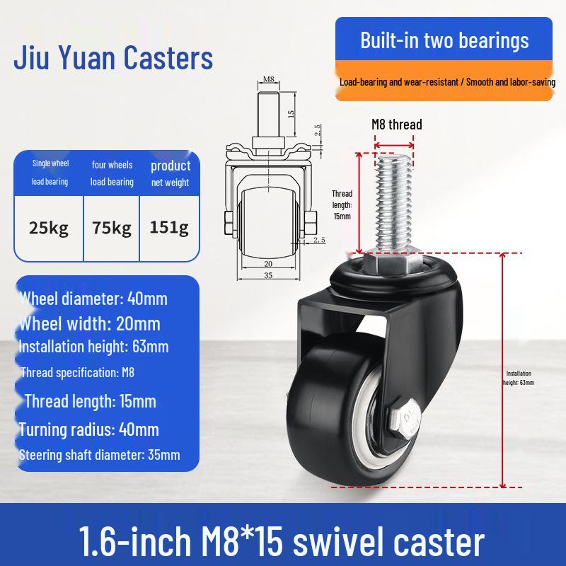 Black Heavy-Duty Swivel Casters with Brakes for Furniture, Cabinets & Industrial Use, Double Bearing Wheels