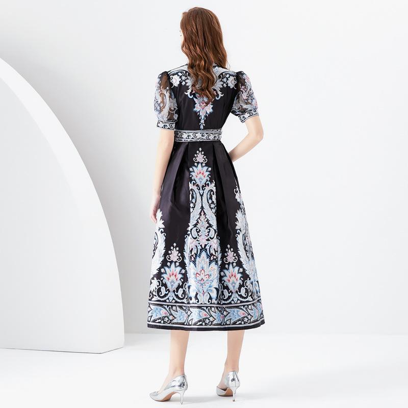 Urlaub Wickelstil V-Ausschnitt Laternenärmel Langes bedrucktes Kleid Damen