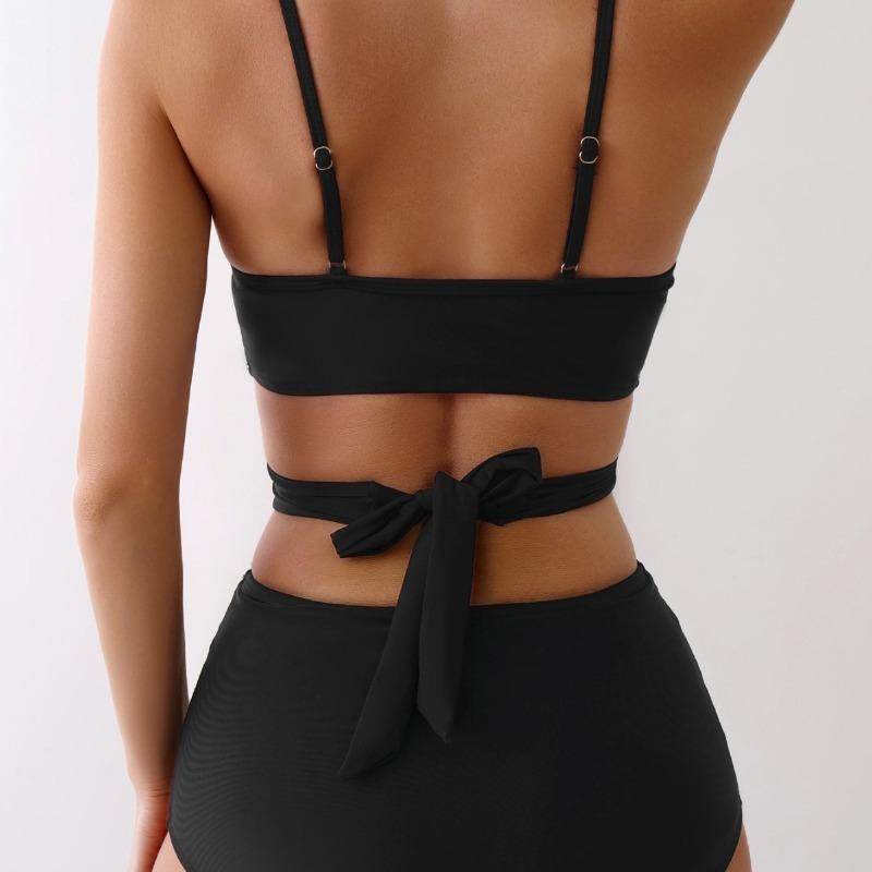 Solid color strappy high waist sexy bikini split swimsuit swimsuit