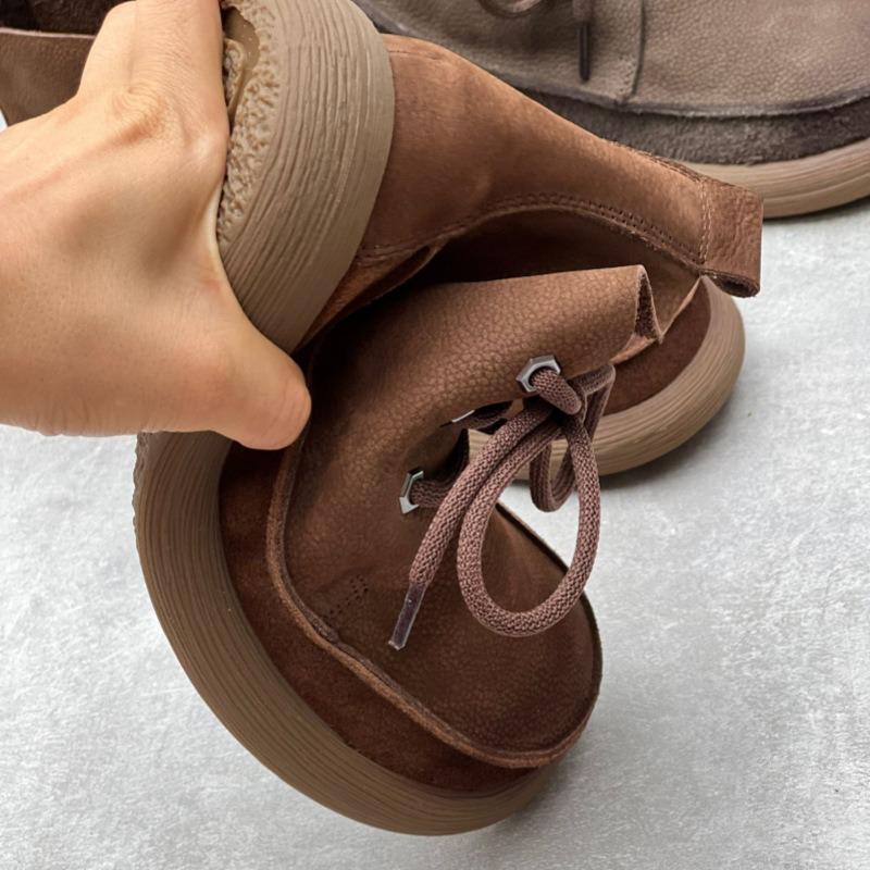 Women's Genuine Leather Ankle Boots Plush Fur Warm Winter Ladies Flat Shoes British Style Lace-Up Round Toe Women Short Boots