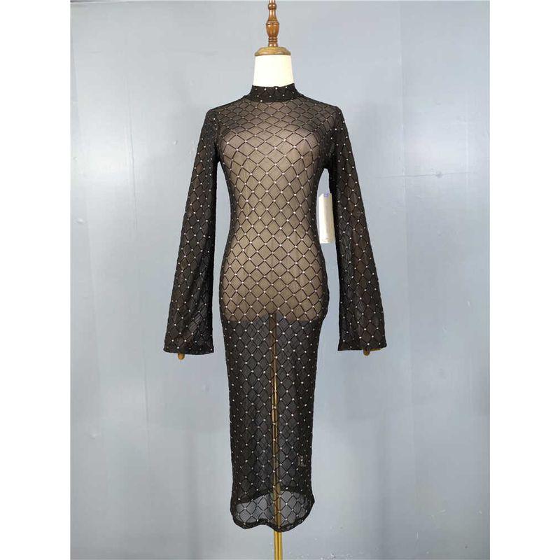 

Export Single Sexy Pure Desire Sexy Horn Long Sleeves Hot Silver Stand Collar Perspective Easiest for Match Inner Wear Outer Single Special Dress Black L