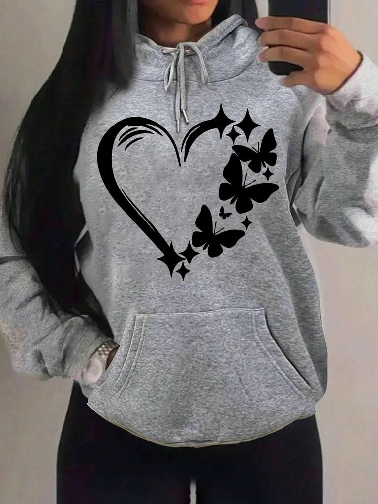 Women's Loose Fleece Hoodie with Love & Butterfly Print