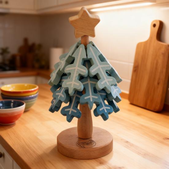 Wooden Christmas Tree Trivets for Hot Dishes Foldable Coasters Pot Holders Heat Resistant Silicone Table Protector Creative Gift for Home Kitchen