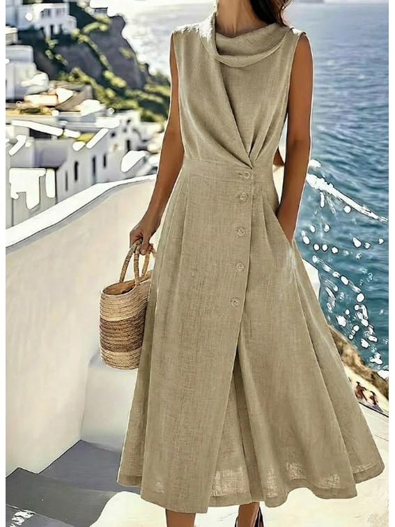 Elegantes ärmelloses Kleid aus französischer Leinen-Baumwolle für Damen - Strandurlaub 2026
