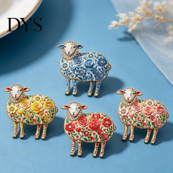 Alloy Lapel Pin Rhinestone Floral Lamb Brooch for Women, Flower Sheep Pin, Animal Jewelry Clothing Suits Scarves Bags