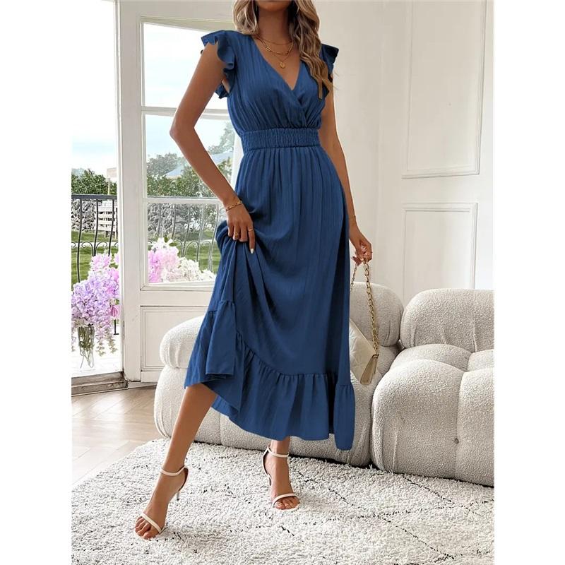 European And American Ladies Summer Long Skirt New Tight Waist Solid Color Ruffled Short-sleeved V-neck Flying Sleeve Dress