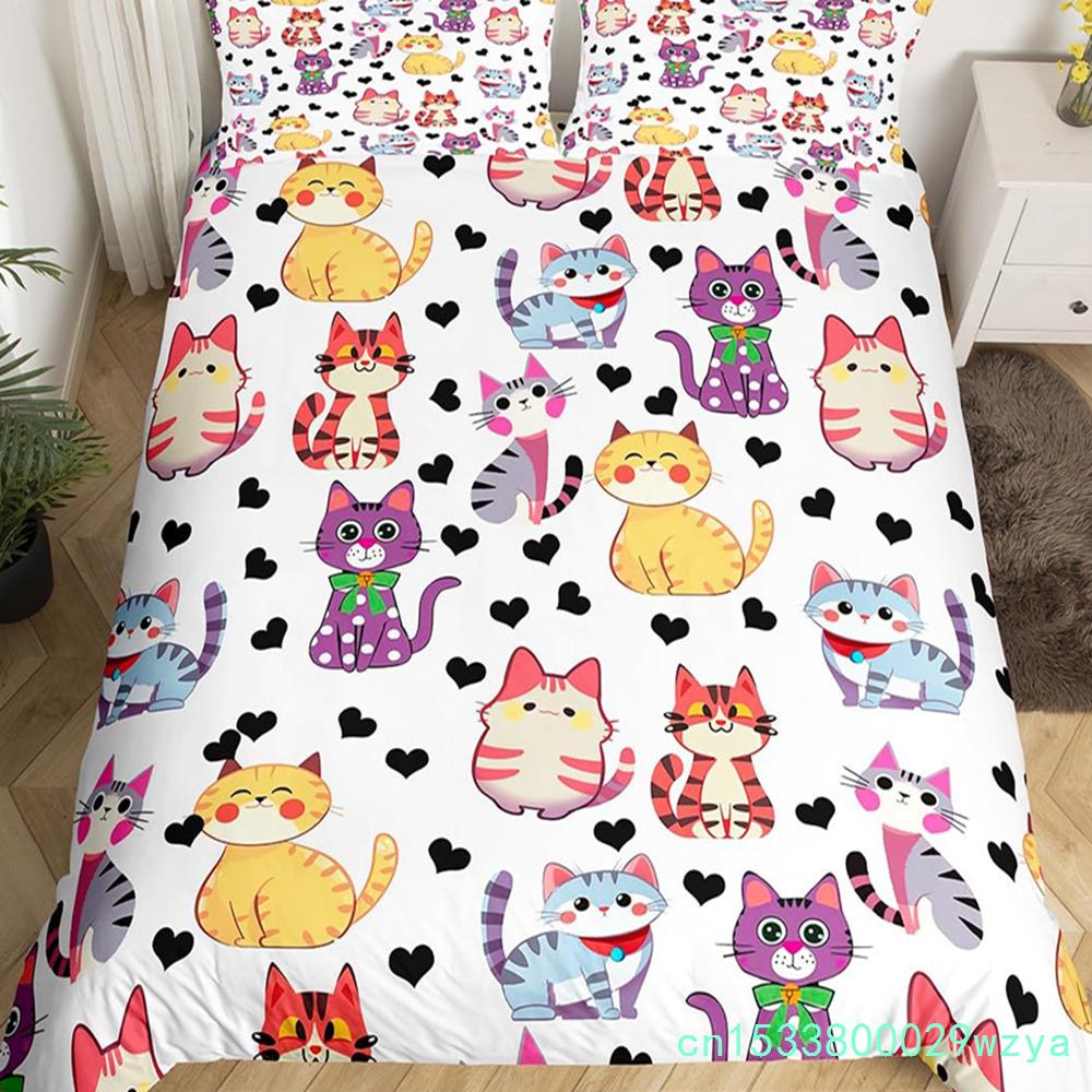 Kawaii kočičí povlak na peřinu Růžová mašlička Koťátko Ložní souprava Sladký zvířecí přikrývka Potah na přikrývku Princezna Mašlička Holčičí Polyesterový potah na přikrývku