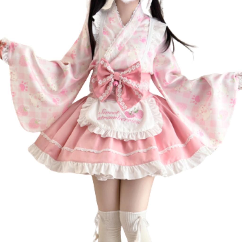 Uccellino Maid Outfit with Moe Lolita Kimono Apron with Gothic Strawberry Halloween Cosplay Japanese-Style Sleeves, Ribbon, Design, (Blue, L)