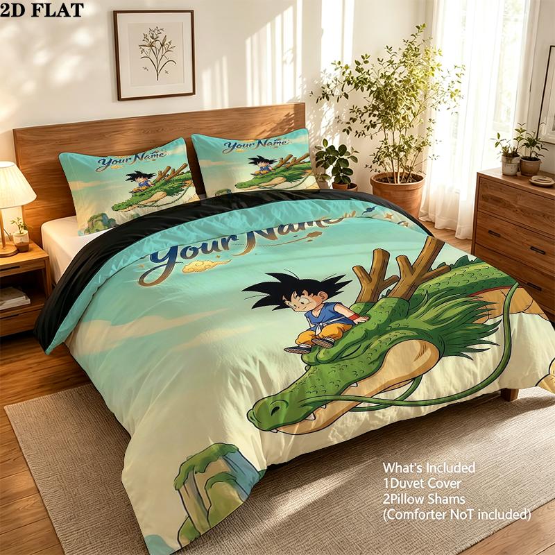 Custom Name,Cute Goku Pattern Bedding Home Decoration Birthday Gift ( 1 Duvet Cover + 2 Pillowcase, Without Core),fan Merchandise.