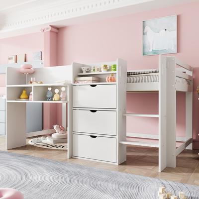 Half-high Bed, 90x200 Cm, House Shape, Multiple Storage Compartments, Entertainment Area Under the Bed, Without Mattress, White