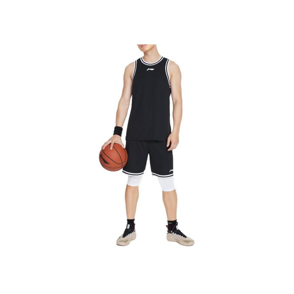 Li Ning Casual Solid Color Brand Logo Sports Basketball Suit Men Suit Black AATT037-4