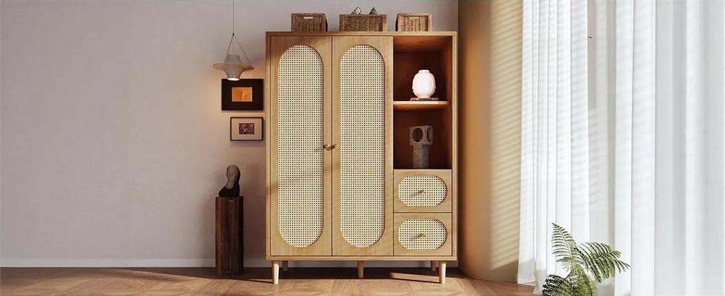 Wardrobe country house style oak 161x120x48 cm wood, 2 doors, 2 drawers, open shelves, with clothes rail, ideal for bedroom and hallway