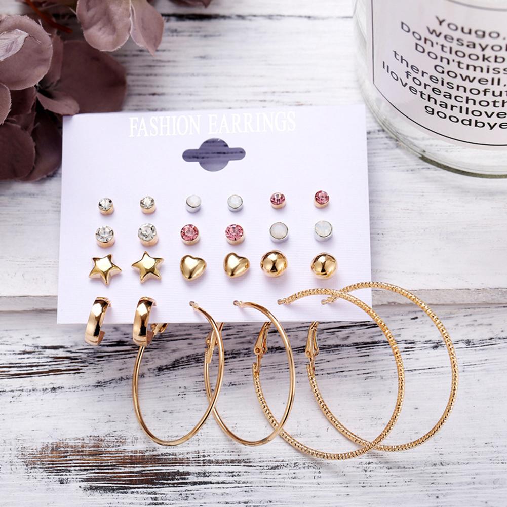 12 Pairs Fashion Exaggerated Crystal Circle Earrings