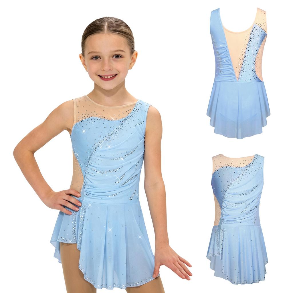 Abito da Gara da Ballo per Bambina Senza Maniche Patchwork Rete Strass Spacco Laterale con Slip Integrati per Pattinaggio Ginnastica Spettacolo