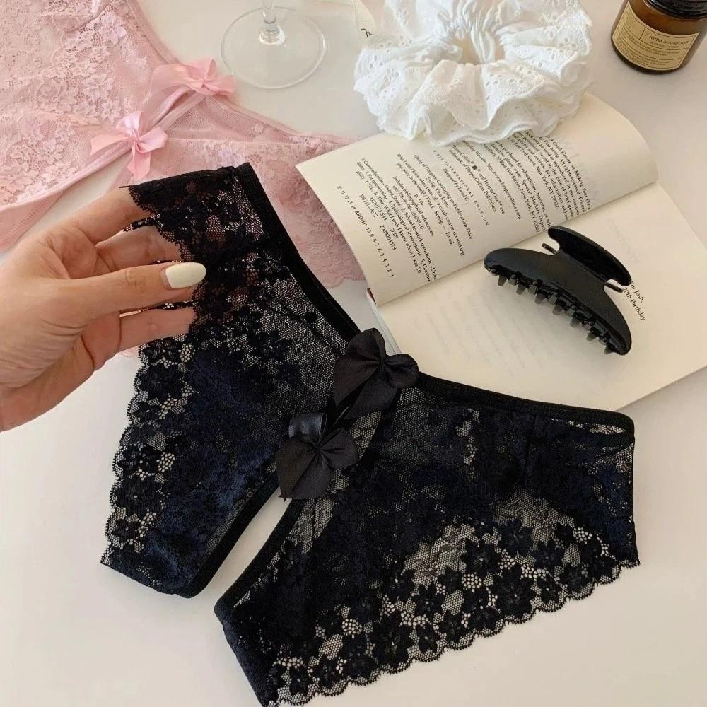 Hollow Bow Mesh Lace Panties Floral Lace Underpants See-through Thong Underwear for Women  Hotel